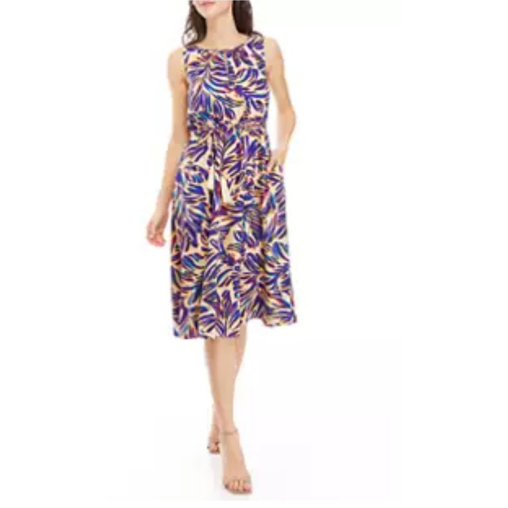 Tahari Asl Dress Size 14 Women's Printed Belted Dress 2DM017 Colorful